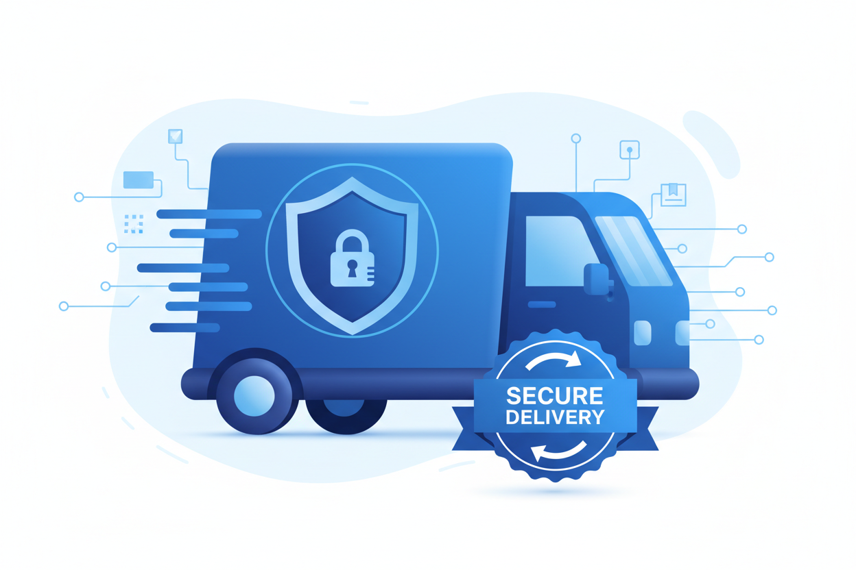 blue colored protected shipping with truck and trust badge together 